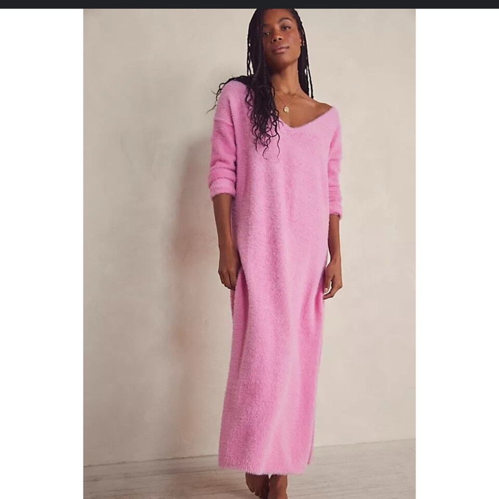 Intimately Free People Pink Fuzzy Girls Night In Maxi Pullover Dress
